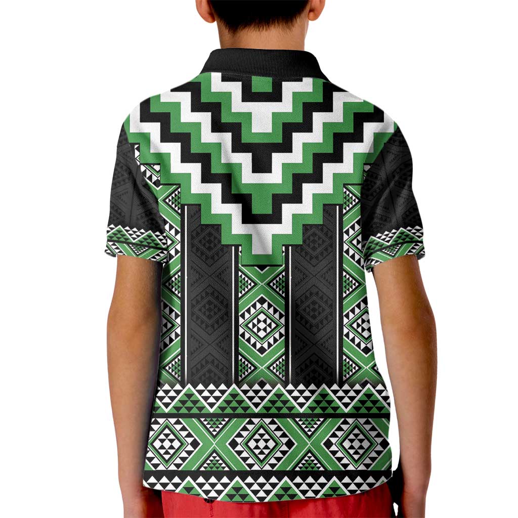 Green Taniko Pattern Aotearoa Kid Polo Shirt Niho Taniwha Mix Poutama LT14