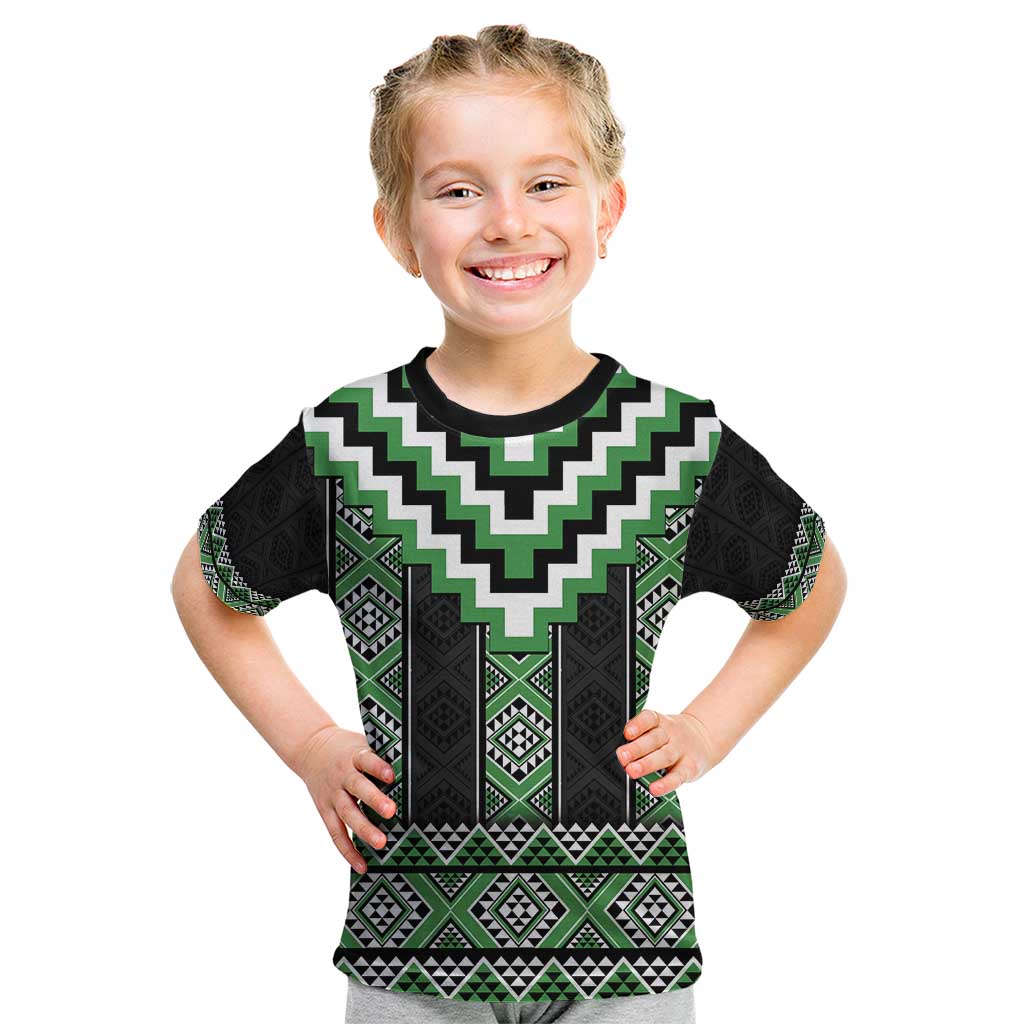 Green Taniko Pattern Aotearoa Kid T Shirt Niho Taniwha Mix Poutama LT14 Green - Polynesian Pride