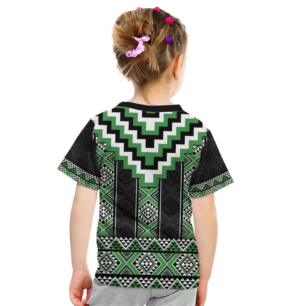 Green Taniko Pattern Aotearoa Kid T Shirt Niho Taniwha Mix Poutama LT14