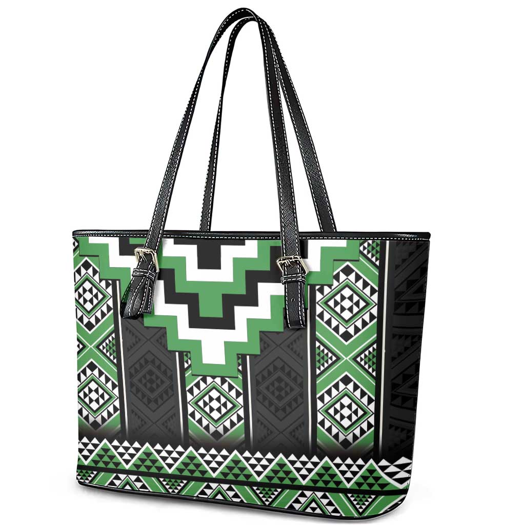 Green Taniko Pattern Aotearoa Leather Tote Bag Niho Taniwha Mix Poutama