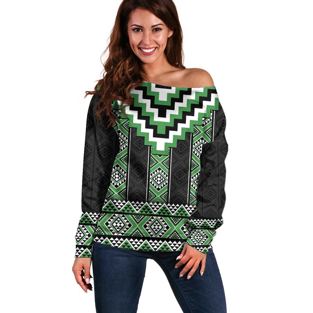 Green Taniko Pattern Aotearoa Off Shoulder Sweater Niho Taniwha Mix Poutama LT14 Women Green - Polynesian Pride