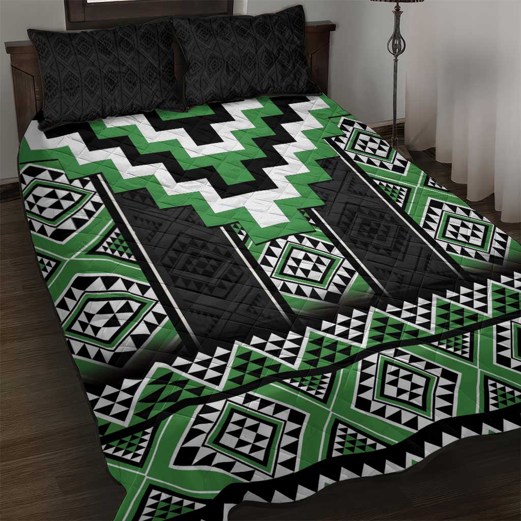 Green Taniko Pattern Aotearoa Quilt Bed Set Niho Taniwha Mix Poutama LT14 Green - Polynesian Pride