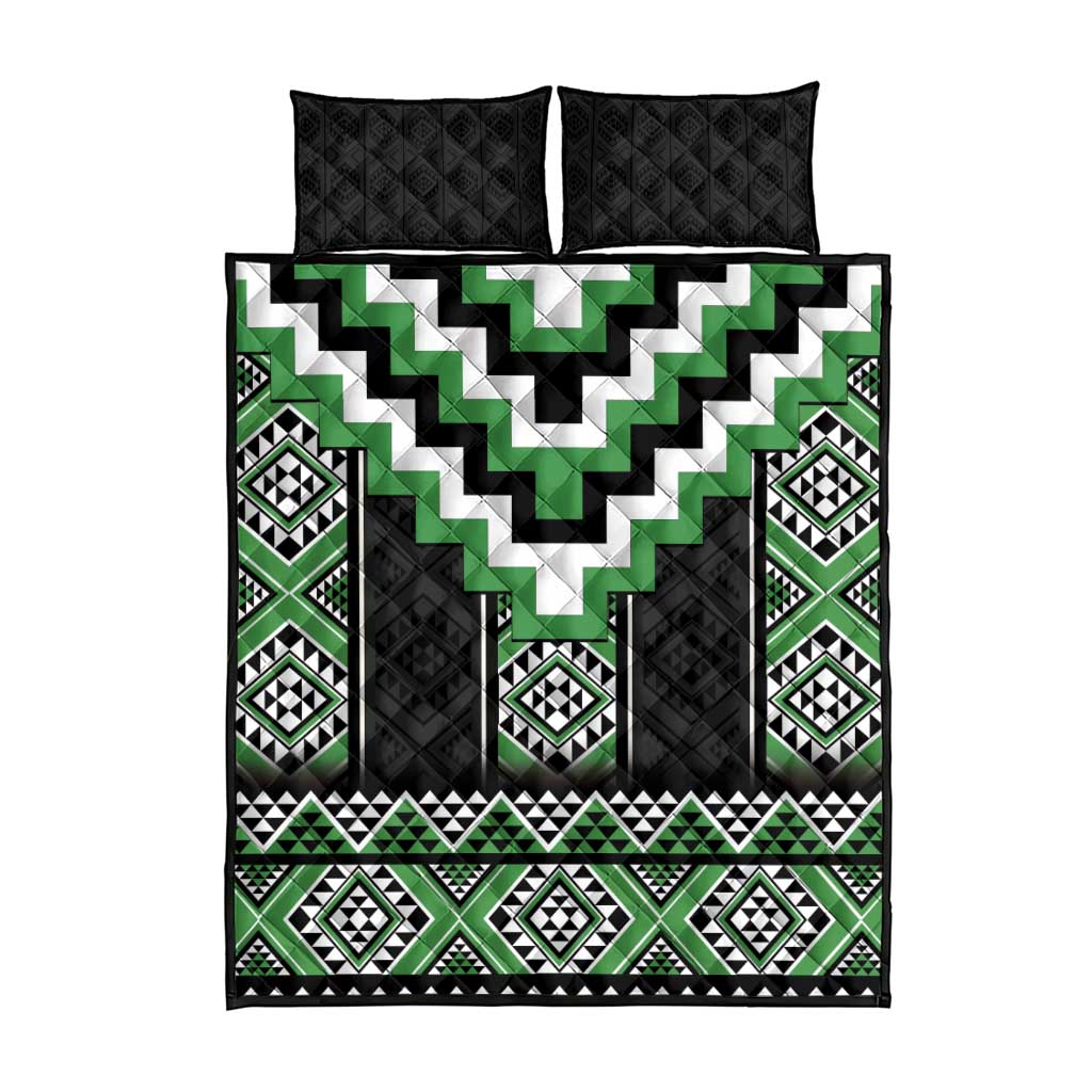 Green Taniko Pattern Aotearoa Quilt Bed Set Niho Taniwha Mix Poutama