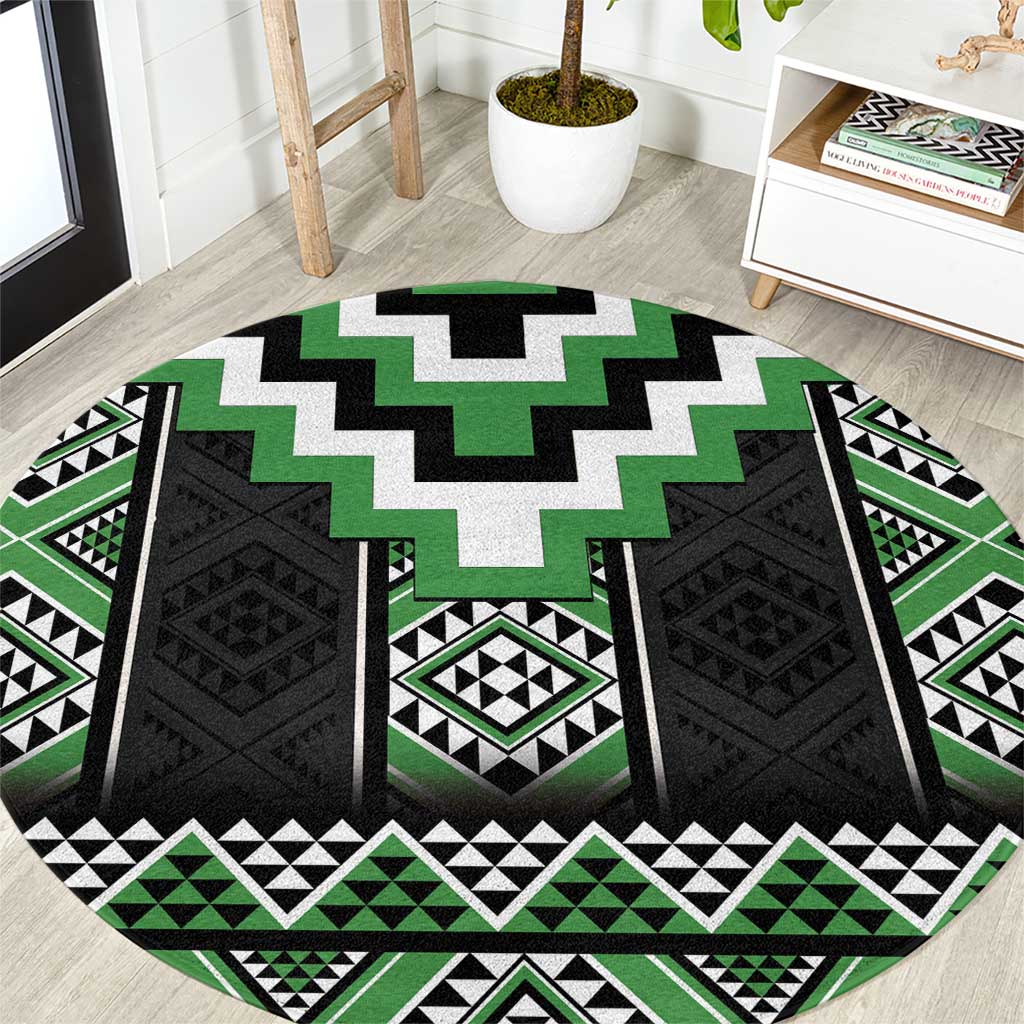 Green Taniko Pattern Aotearoa Round Carpet Niho Taniwha Mix Poutama LT14 Green - Polynesian Pride