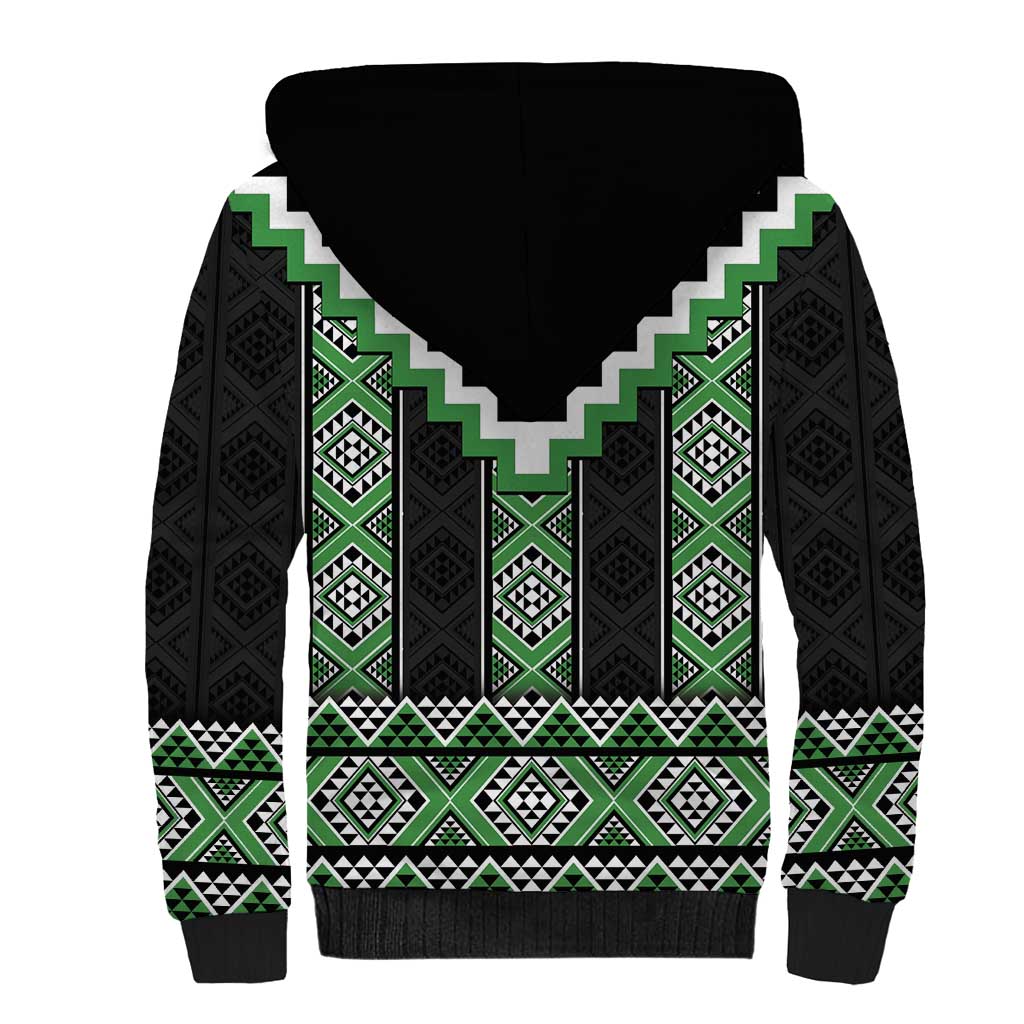 Green Taniko Pattern Aotearoa Sherpa Hoodie Niho Taniwha Mix Poutama LT14