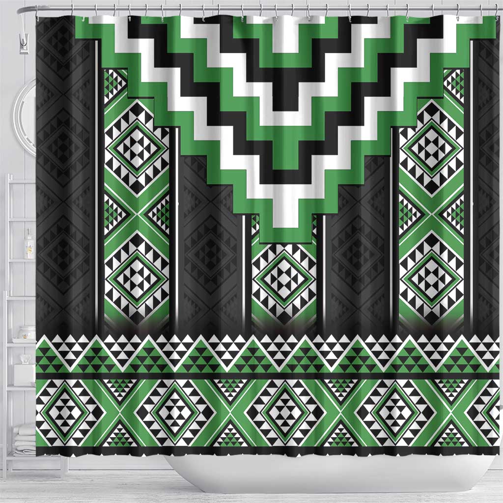Green Taniko Pattern Aotearoa Shower Curtain Niho Taniwha Mix Poutama