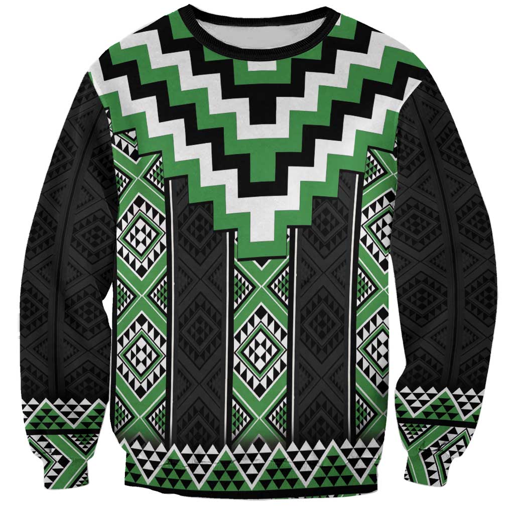 Green Taniko Pattern Aotearoa Sweatshirt Niho Taniwha Mix Poutama LT14