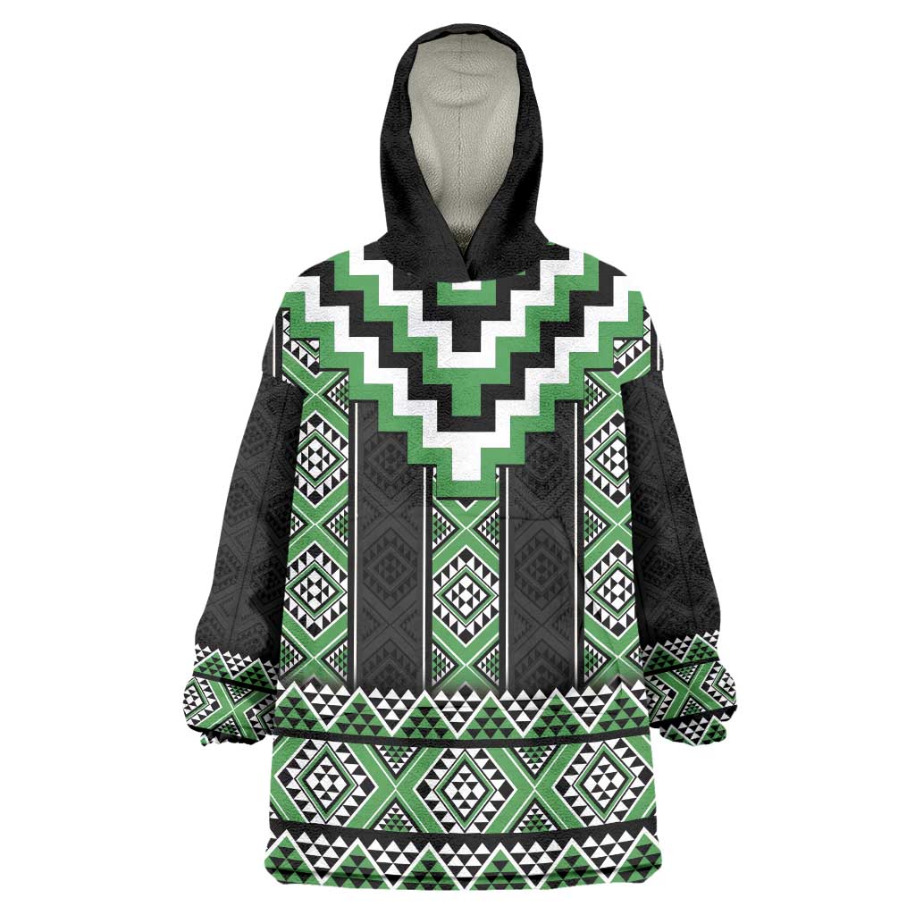 Green Taniko Pattern Aotearoa Wearable Blanket Hoodie Niho Taniwha Mix Poutama LT14 One Size Green - Polynesian Pride