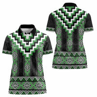 Green Taniko Pattern Aotearoa Women Polo Shirt Niho Taniwha Mix Poutama LT14