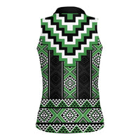 Green Taniko Pattern Aotearoa Women Sleeveless Polo Shirt Niho Taniwha Mix Poutama LT14