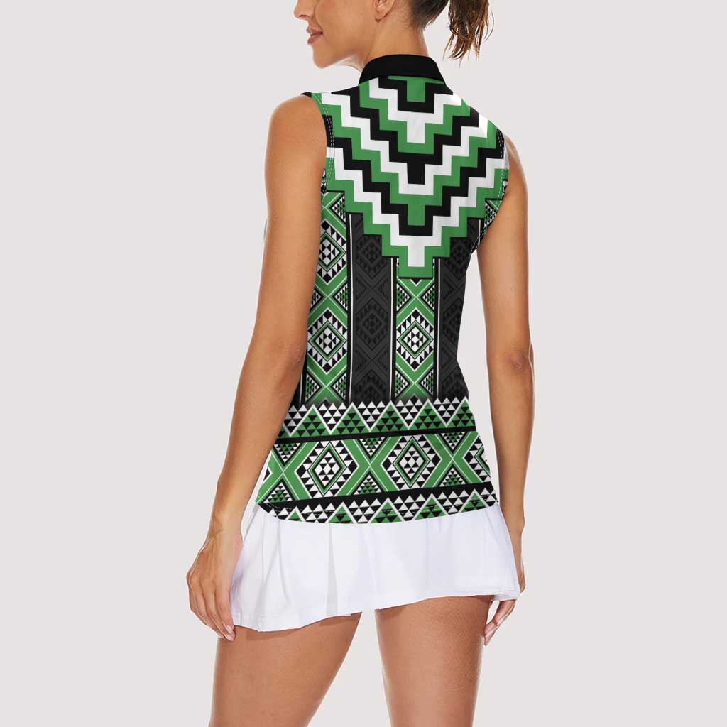 Green Taniko Pattern Aotearoa Women Sleeveless Polo Shirt Niho Taniwha Mix Poutama LT14