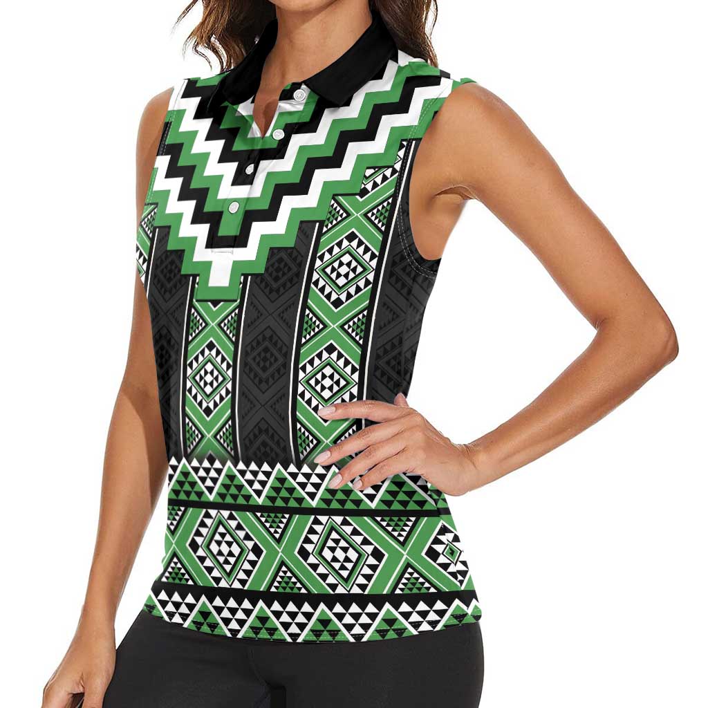 Green Taniko Pattern Aotearoa Women Sleeveless Polo Shirt Niho Taniwha Mix Poutama LT14