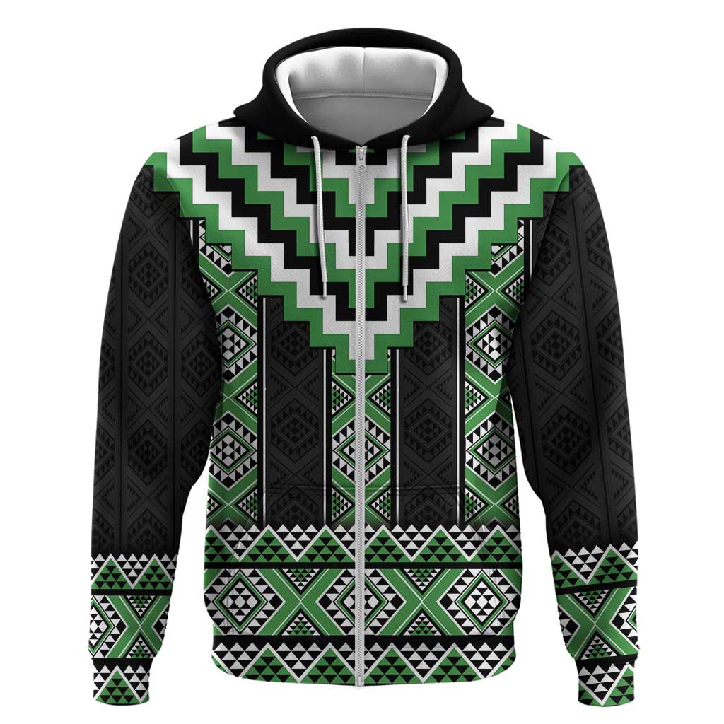 Green Taniko Pattern Aotearoa Zip Hoodie Niho Taniwha Mix Poutama LT14 Zip Hoodie Green - Polynesian Pride