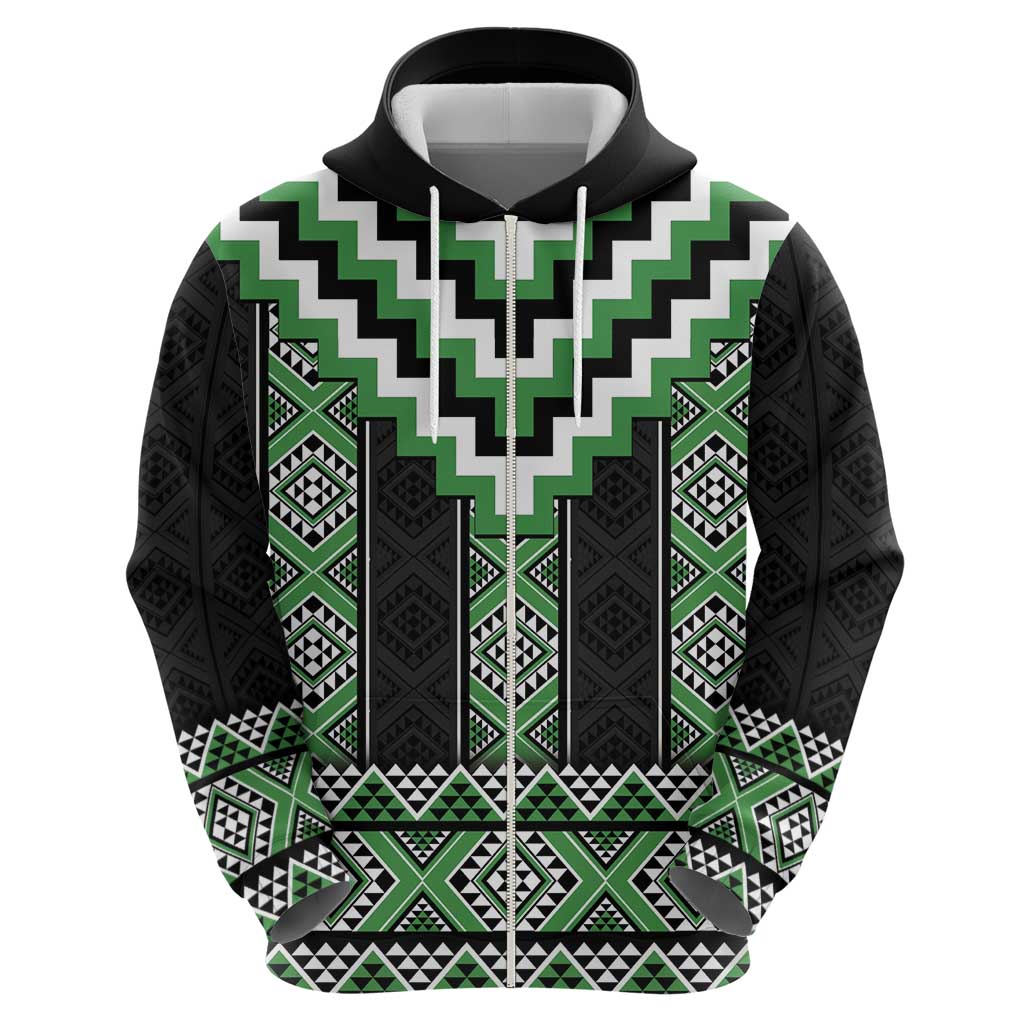 Green Taniko Pattern Aotearoa Zip Hoodie Niho Taniwha Mix Poutama LT14 - Polynesian Pride