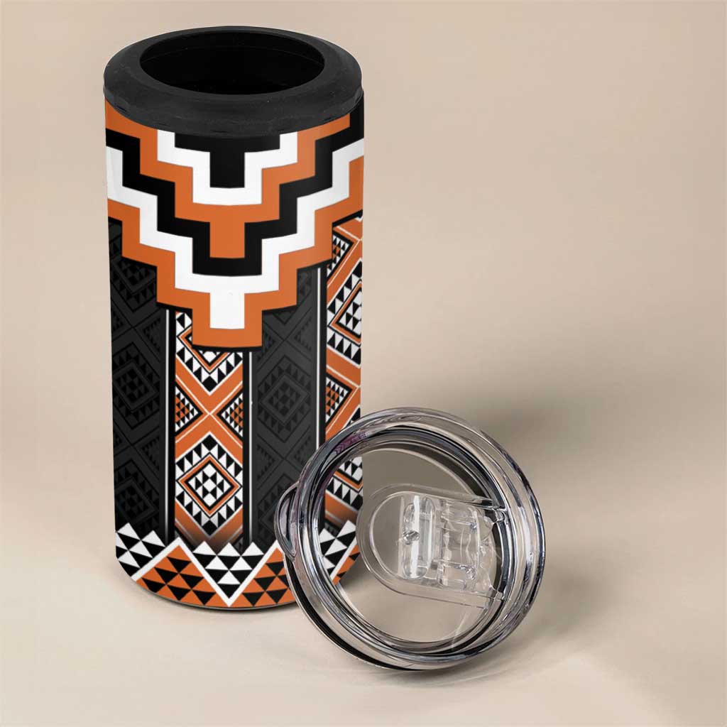 Orange Taniko Pattern Aotearoa 4 in 1 Can Cooler Tumbler Niho Taniwha Mix Poutama LT14