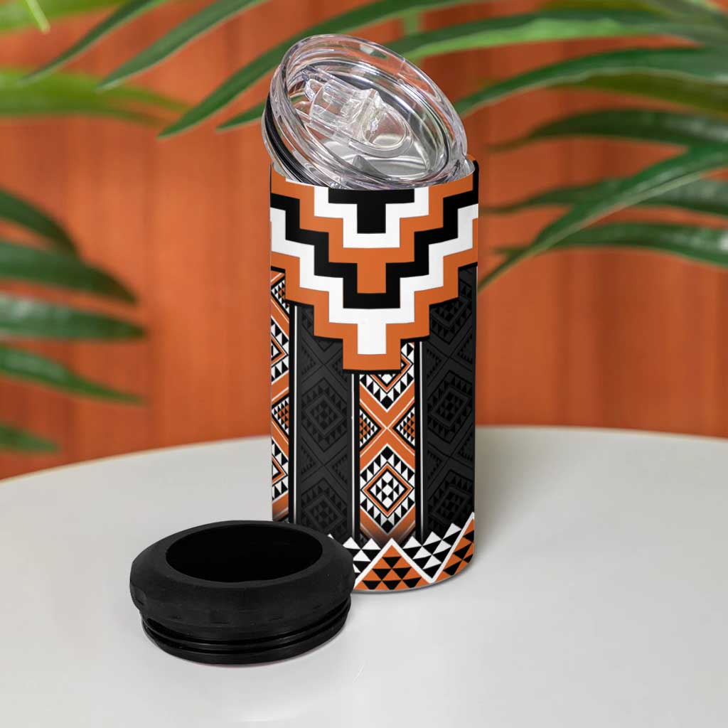 Orange Taniko Pattern Aotearoa 4 in 1 Can Cooler Tumbler Niho Taniwha Mix Poutama LT14
