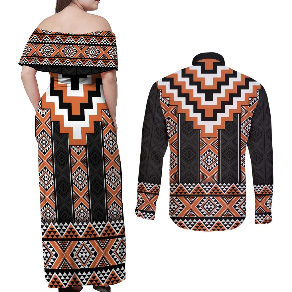 Orange Taniko Pattern Aotearoa Couples Matching Off Shoulder Maxi Dress and Long Sleeve Button Shirt Niho Taniwha Mix Poutama LT14