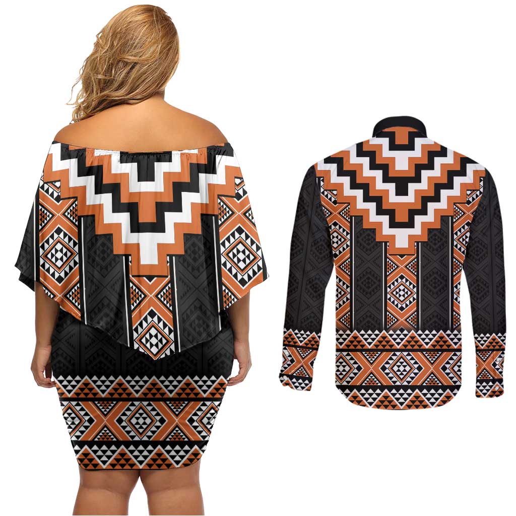 Orange Taniko Pattern Aotearoa Couples Matching Off Shoulder Short Dress and Long Sleeve Button Shirt Niho Taniwha Mix Poutama LT14