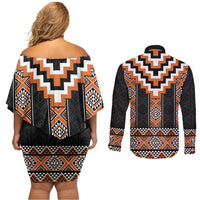 Orange Taniko Pattern Aotearoa Couples Matching Off Shoulder Short Dress and Long Sleeve Button Shirt Niho Taniwha Mix Poutama LT14