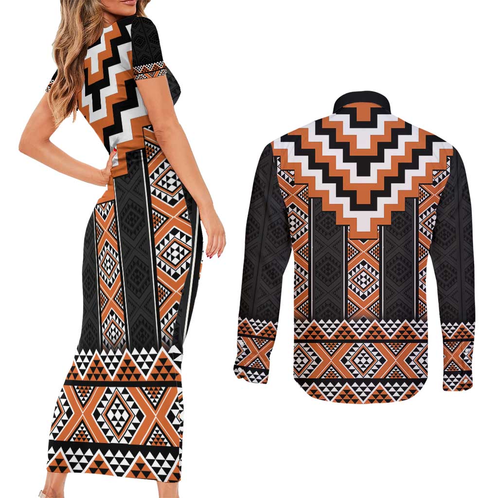 Orange Taniko Pattern Aotearoa Couples Matching Short Sleeve Bodycon Dress and Long Sleeve Button Shirt Niho Taniwha Mix Poutama LT14