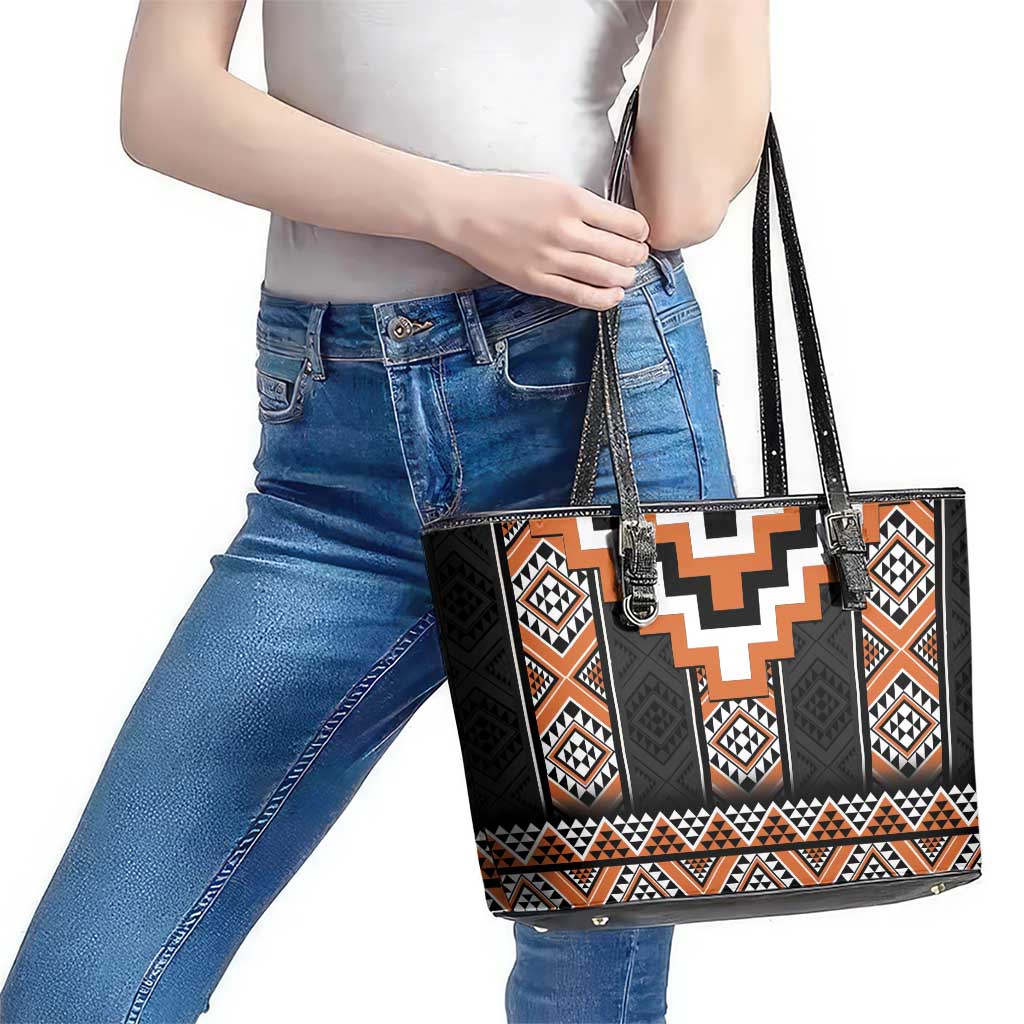 Orange Taniko Pattern Aotearoa Leather Tote Bag Niho Taniwha Mix Poutama