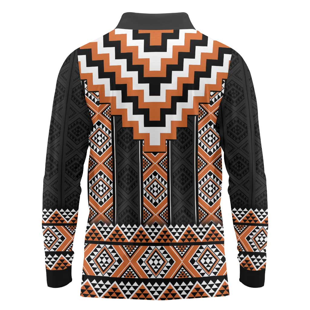 Orange Taniko Pattern Aotearoa Long Sleeve Polo Shirt Niho Taniwha Mix Poutama LT14
