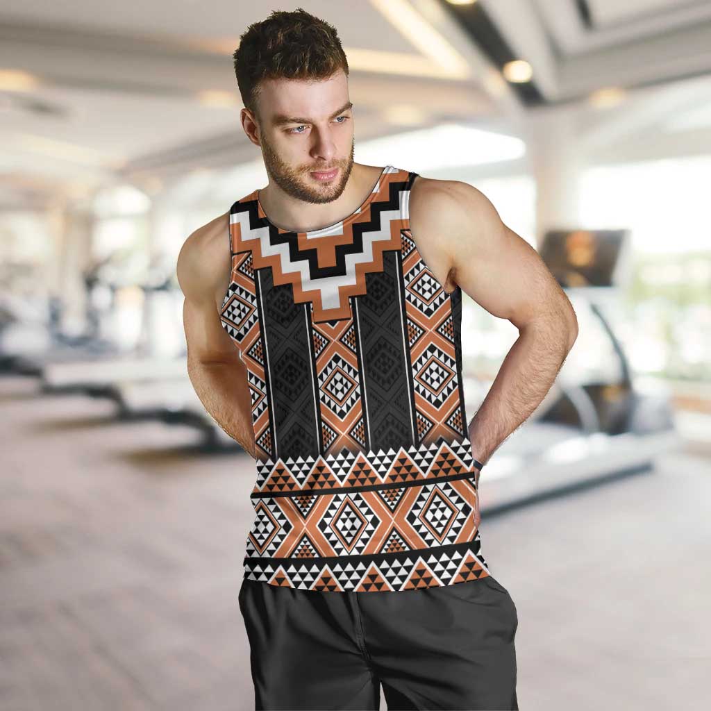 Orange Taniko Pattern Aotearoa Men Tank Top Niho Taniwha Mix Poutama LT14