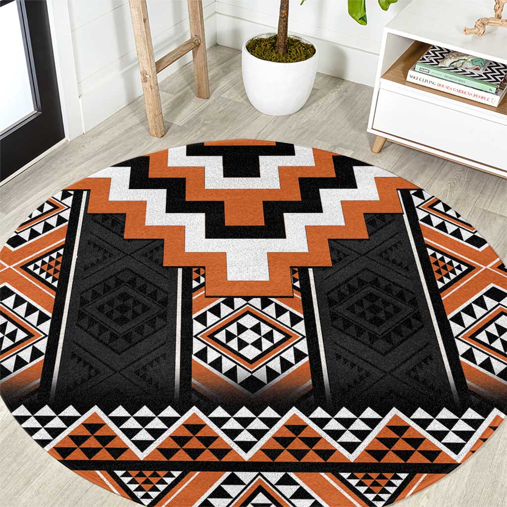 Orange Taniko Pattern Aotearoa Round Carpet Niho Taniwha Mix Poutama LT14 Orange - Polynesian Pride