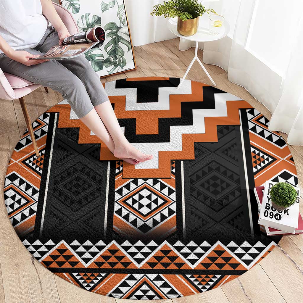 Orange Taniko Pattern Aotearoa Round Carpet Niho Taniwha Mix Poutama LT14 - Polynesian Pride
