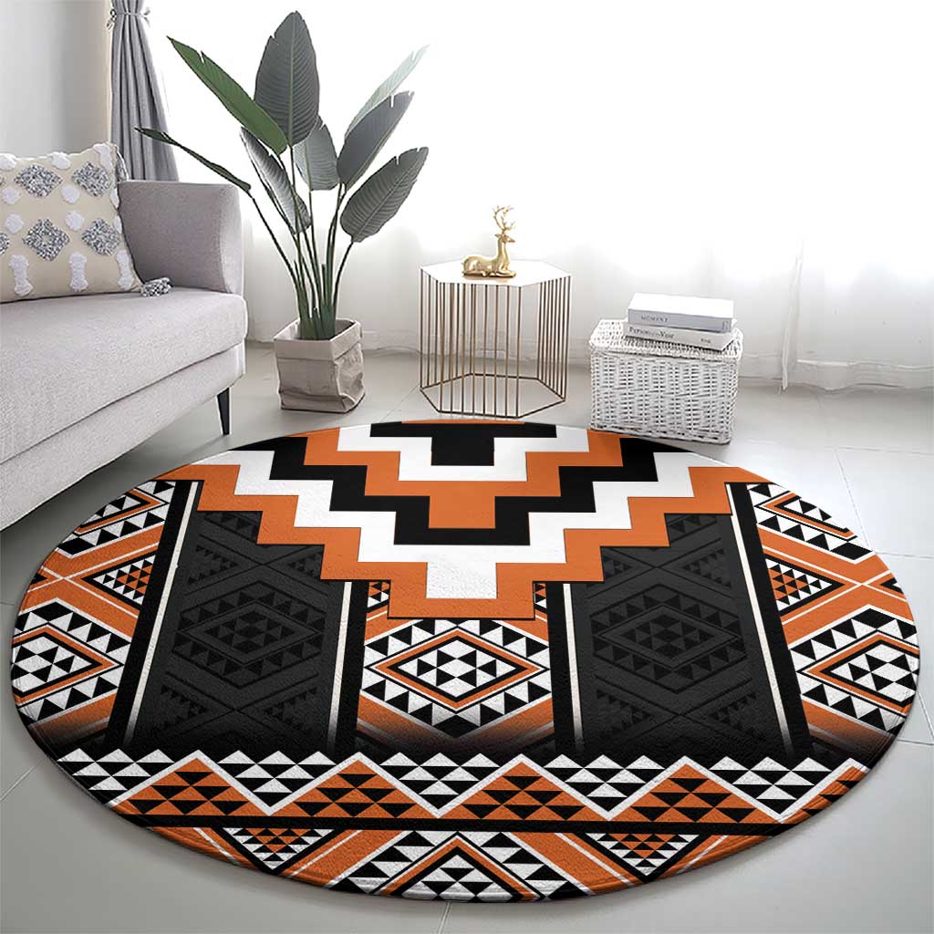Orange Taniko Pattern Aotearoa Round Carpet Niho Taniwha Mix Poutama LT14 - Polynesian Pride