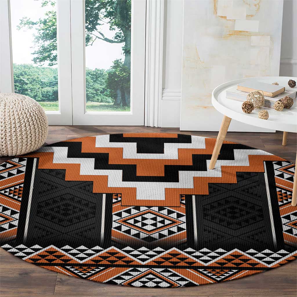 Orange Taniko Pattern Aotearoa Round Carpet Niho Taniwha Mix Poutama LT14 - Polynesian Pride