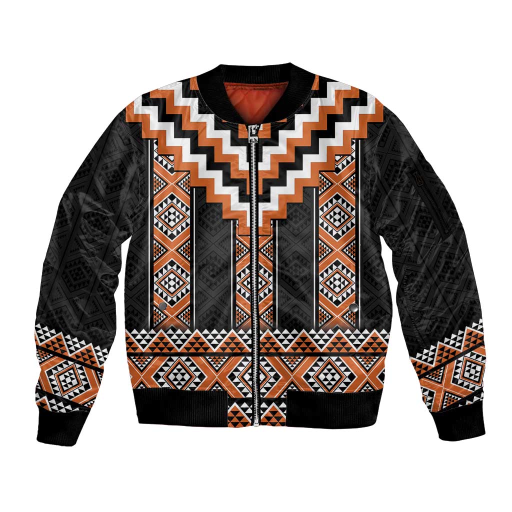 Orange Taniko Pattern Aotearoa Sleeve Zip Bomber Jacket Niho Taniwha Mix Poutama LT14 Unisex Orange - Polynesian Pride