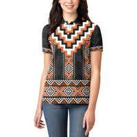 Orange Taniko Pattern Aotearoa Women Polo Shirt Niho Taniwha Mix Poutama LT14