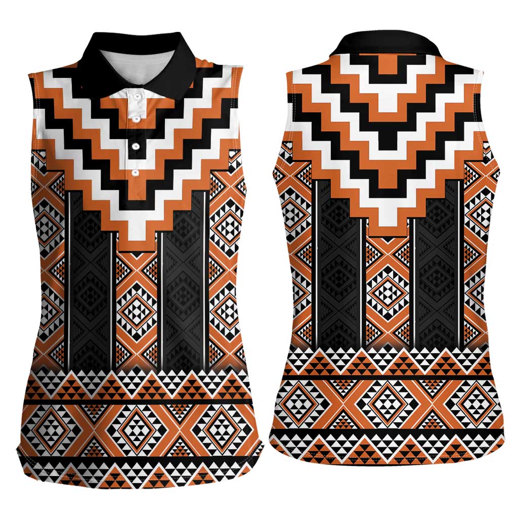 Orange Taniko Pattern Aotearoa Women Sleeveless Polo Shirt Niho Taniwha Mix Poutama LT14