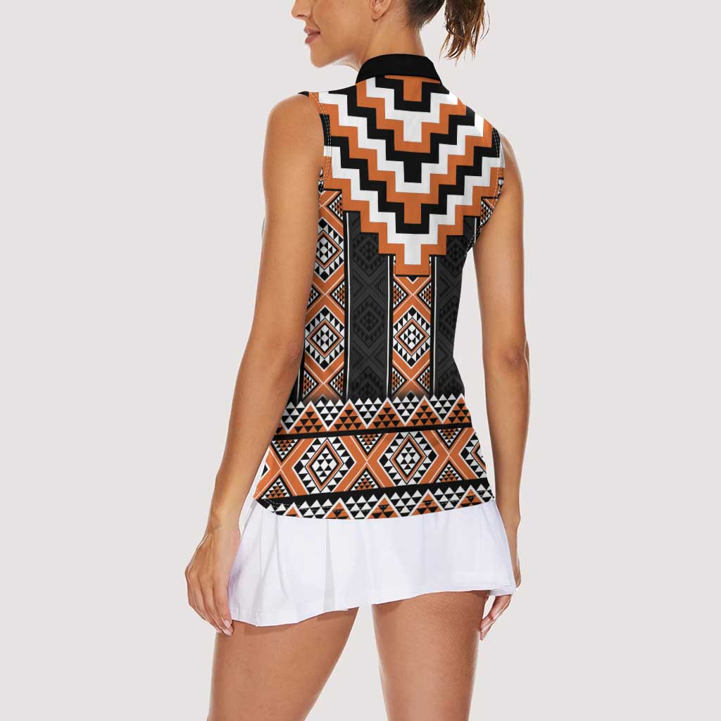 Orange Taniko Pattern Aotearoa Women Sleeveless Polo Shirt Niho Taniwha Mix Poutama LT14