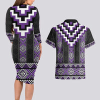 Purple Taniko Pattern Aotearoa Couples Matching Long Sleeve Bodycon Dress and Hawaiian Shirt Niho Taniwha Mix Poutama LT14