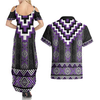 Purple Taniko Pattern Aotearoa Couples Matching Summer Maxi Dress and Hawaiian Shirt Niho Taniwha Mix Poutama LT14