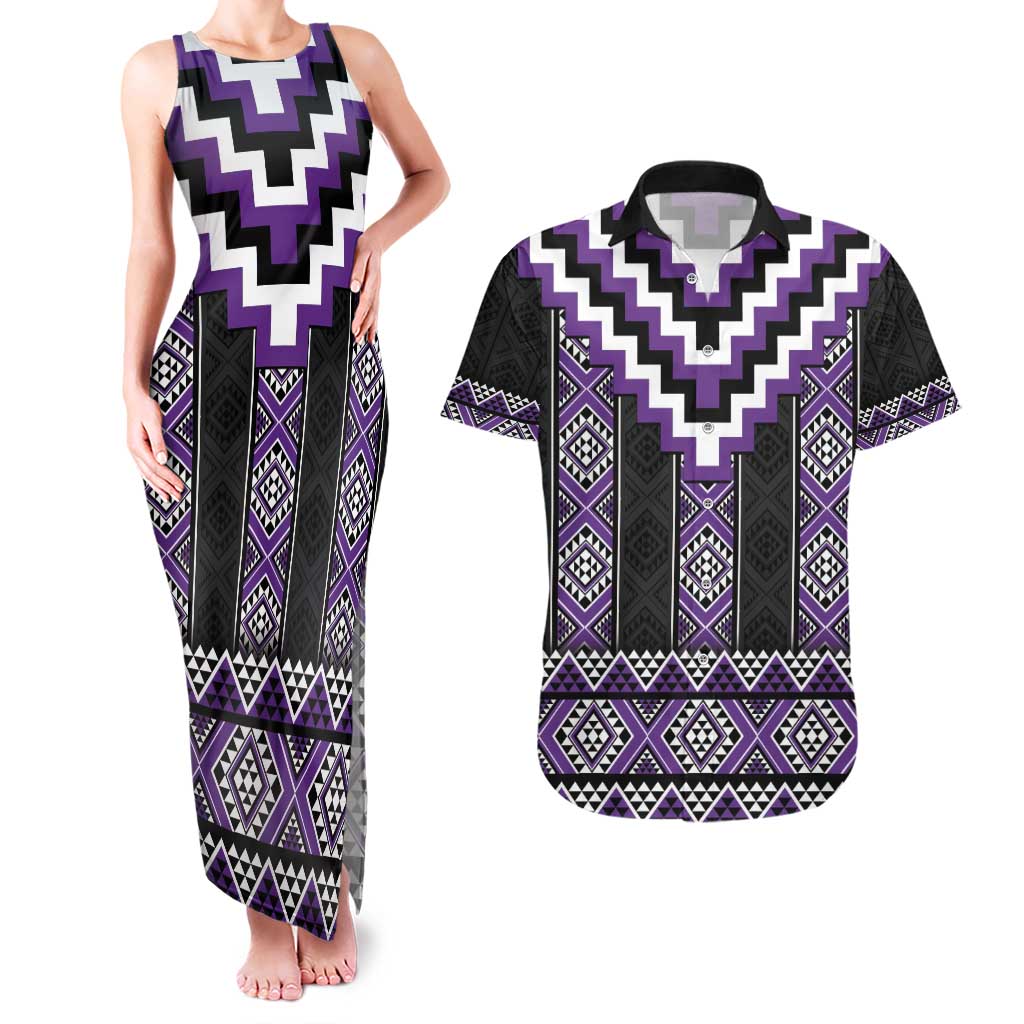 Purple Taniko Pattern Aotearoa Couples Matching Tank Maxi Dress and Hawaiian Shirt Niho Taniwha Mix Poutama LT14