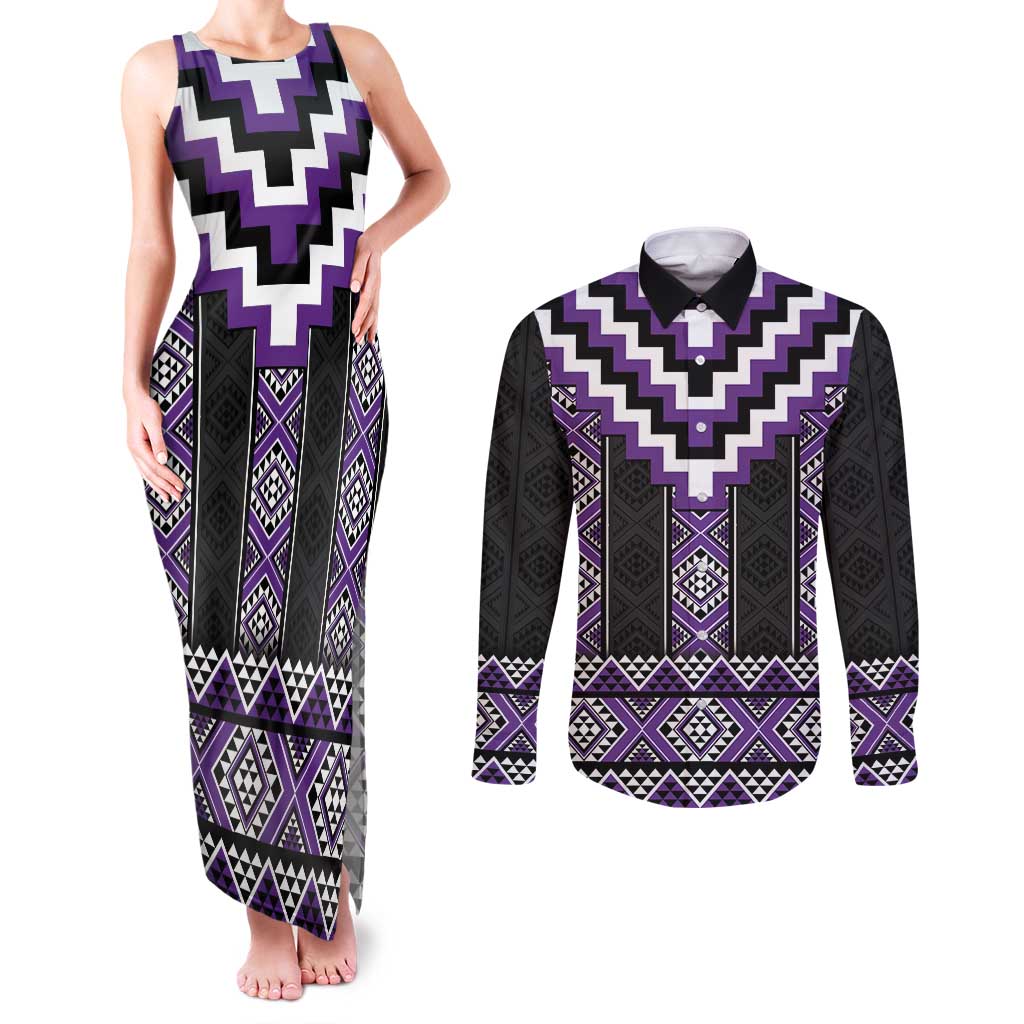 Purple Taniko Pattern Aotearoa Couples Matching Tank Maxi Dress and Long Sleeve Button Shirt Niho Taniwha Mix Poutama LT14