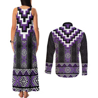 Purple Taniko Pattern Aotearoa Couples Matching Tank Maxi Dress and Long Sleeve Button Shirt Niho Taniwha Mix Poutama LT14