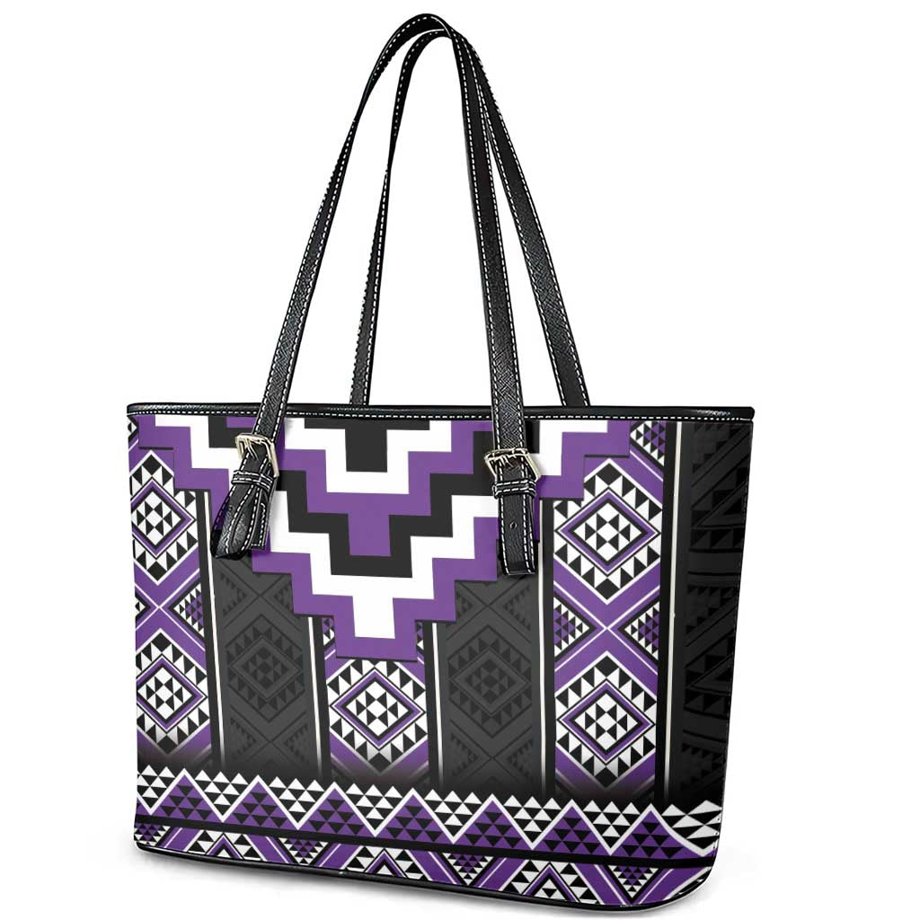 Purple Taniko Pattern Aotearoa Leather Tote Bag Niho Taniwha Mix Poutama