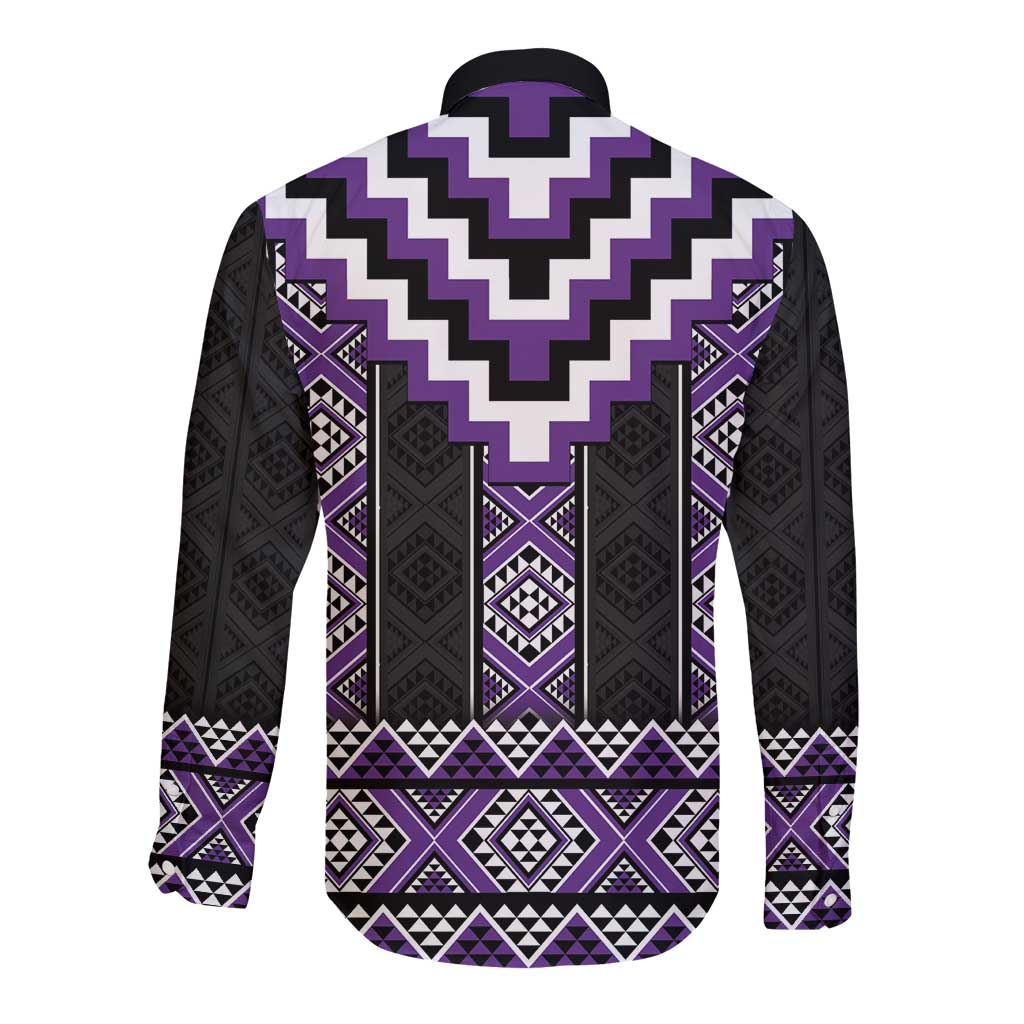 Purple Taniko Pattern Aotearoa Long Sleeve Button Shirt Niho Taniwha Mix Poutama LT14