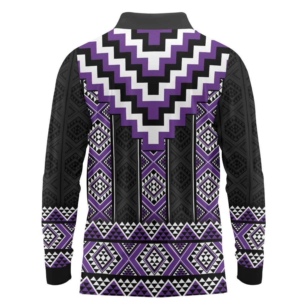Purple Taniko Pattern Aotearoa Long Sleeve Polo Shirt Niho Taniwha Mix Poutama LT14