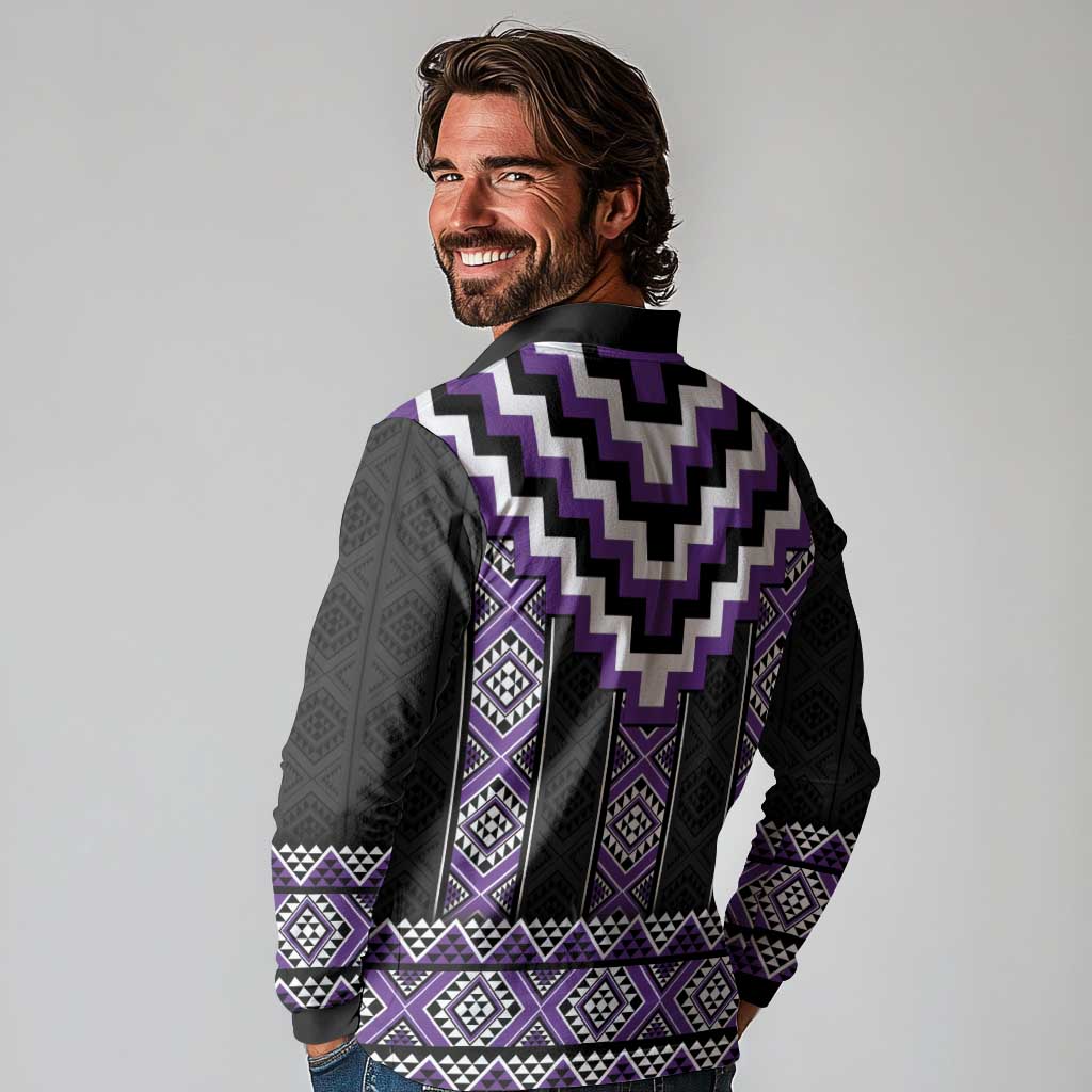 Purple Taniko Pattern Aotearoa Long Sleeve Polo Shirt Niho Taniwha Mix Poutama LT14