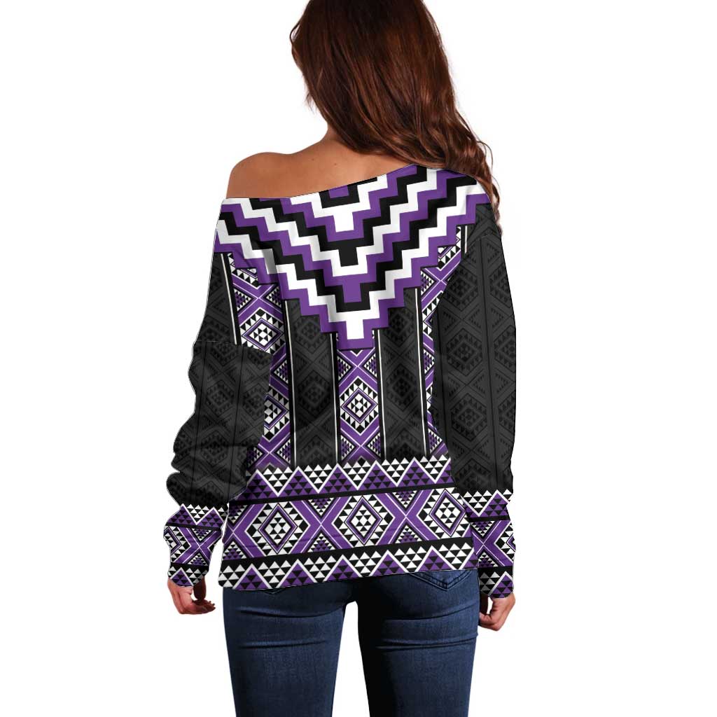 Purple Taniko Pattern Aotearoa Off Shoulder Sweater Niho Taniwha Mix Poutama LT14