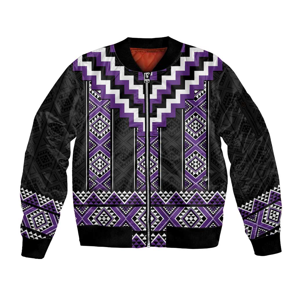 Purple Taniko Pattern Aotearoa Sleeve Zip Bomber Jacket Niho Taniwha Mix Poutama LT14 Unisex Purple - Polynesian Pride