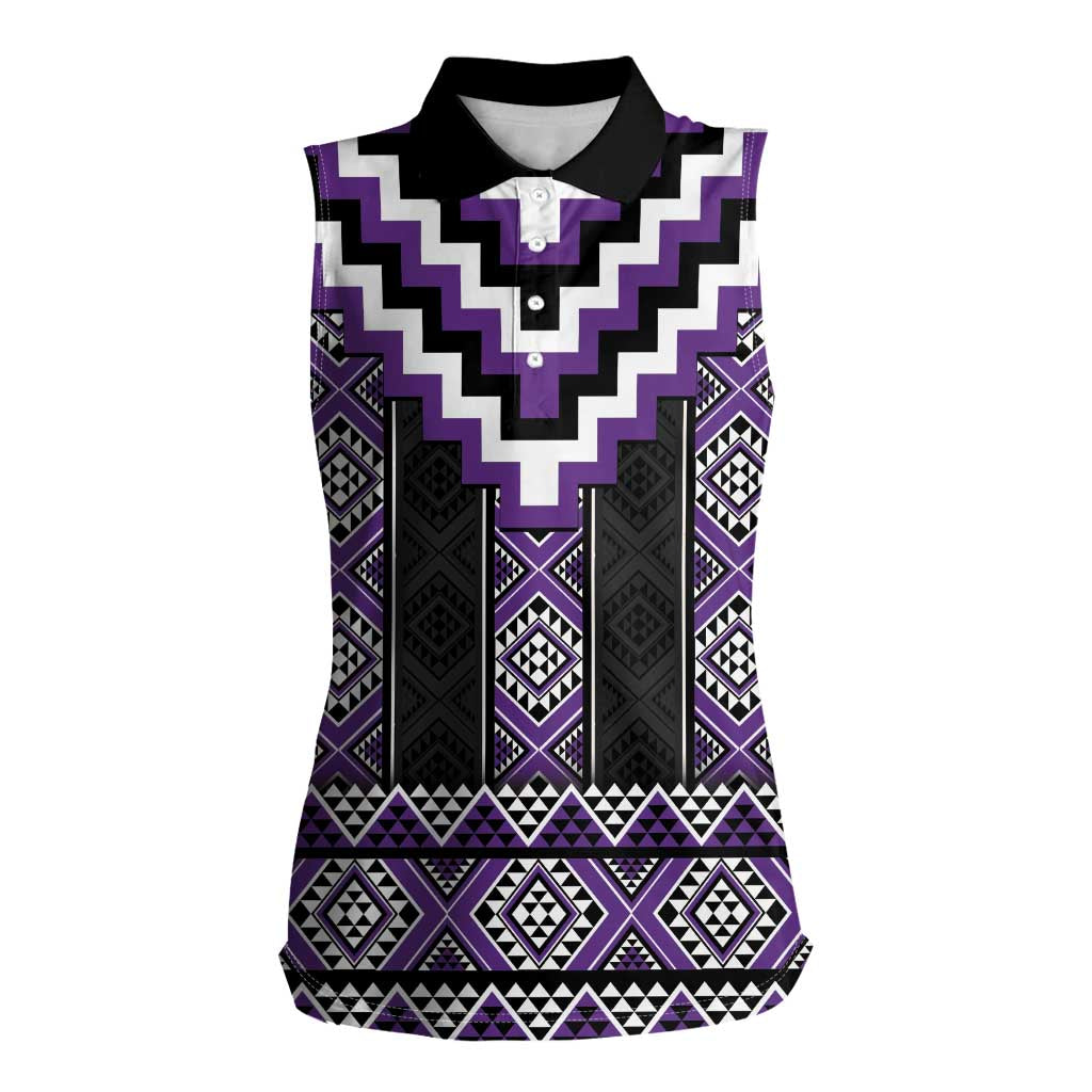 Purple Taniko Pattern Aotearoa Women Sleeveless Polo Shirt Niho Taniwha Mix Poutama LT14