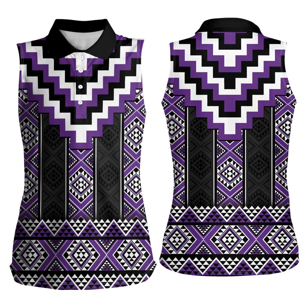 Purple Taniko Pattern Aotearoa Women Sleeveless Polo Shirt Niho Taniwha Mix Poutama LT14