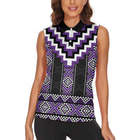 Purple Taniko Pattern Aotearoa Women Sleeveless Polo Shirt Niho Taniwha Mix Poutama LT14