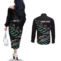 Custom New Zealand Silver Fern Rugby Couples Matching Off The Shoulder Long Sleeve Dress and Long Sleeve Button Shirt Aotearoa Kiwi Maori Pattern